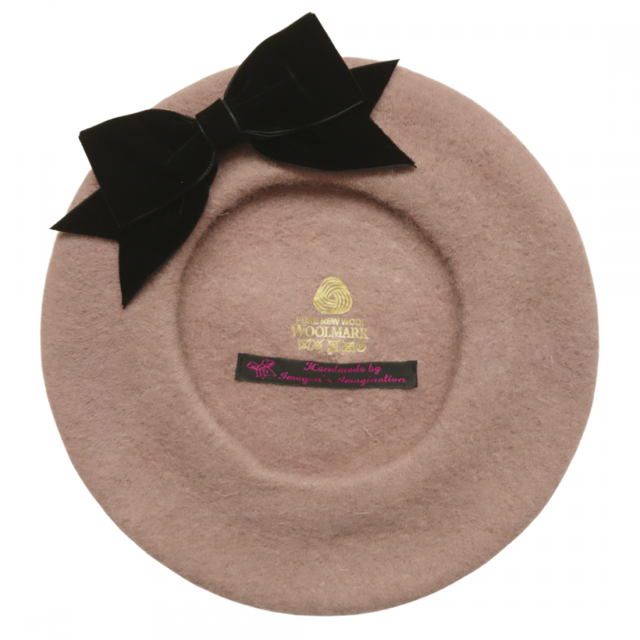 Beige Beret with Black Velvet Ribbon Bow