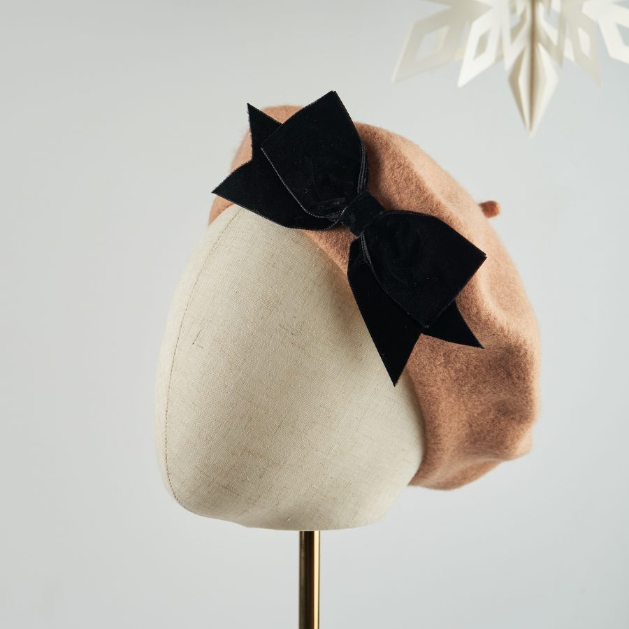 Camel Beret with Black Velvet Ribbon Bow
