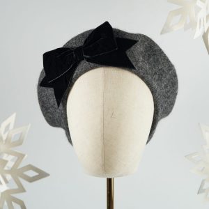 Charcoal Grey Beret with Black Velvet Ribbon Bow
