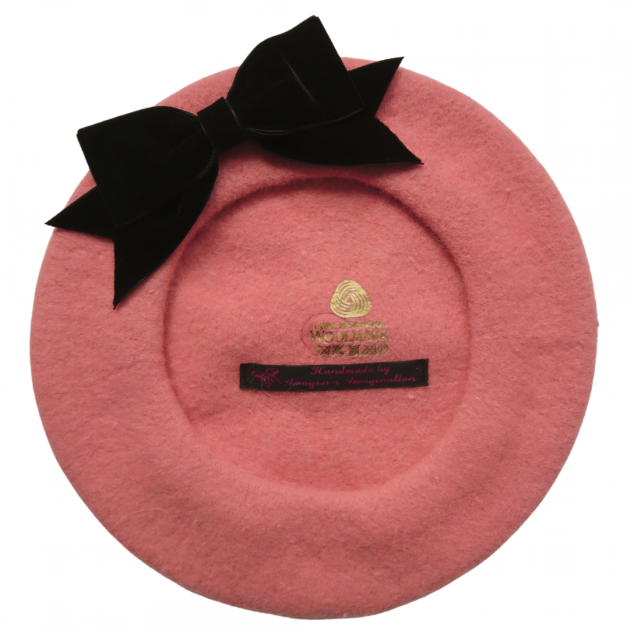 Coral Pink Beret with Black Velvet Ribbon Bow