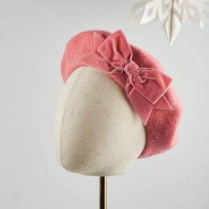 Coral Pink Beret with Pink Velvet Ribbon Bow