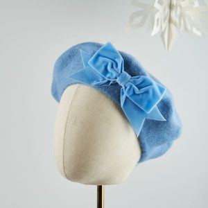 Cornflower Blue Beret with Blue Velvet Ribbon Bow