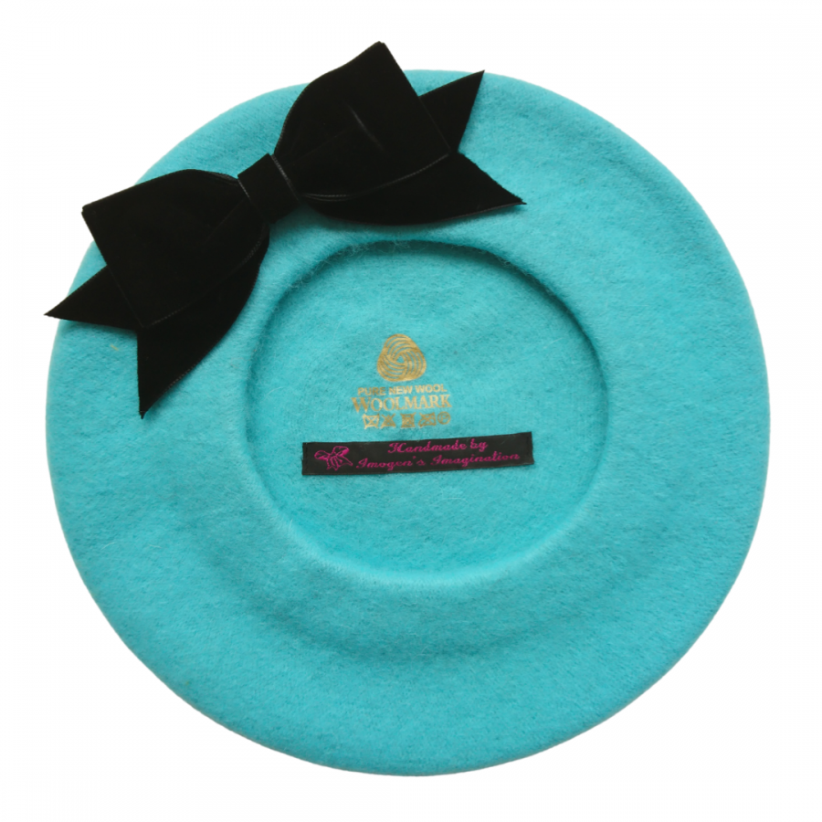 Duck Egg Blue Beret with Black Velvet Ribbon Bow