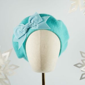 Duck Egg Blue Beret with Blue Velvet Ribbon Bow