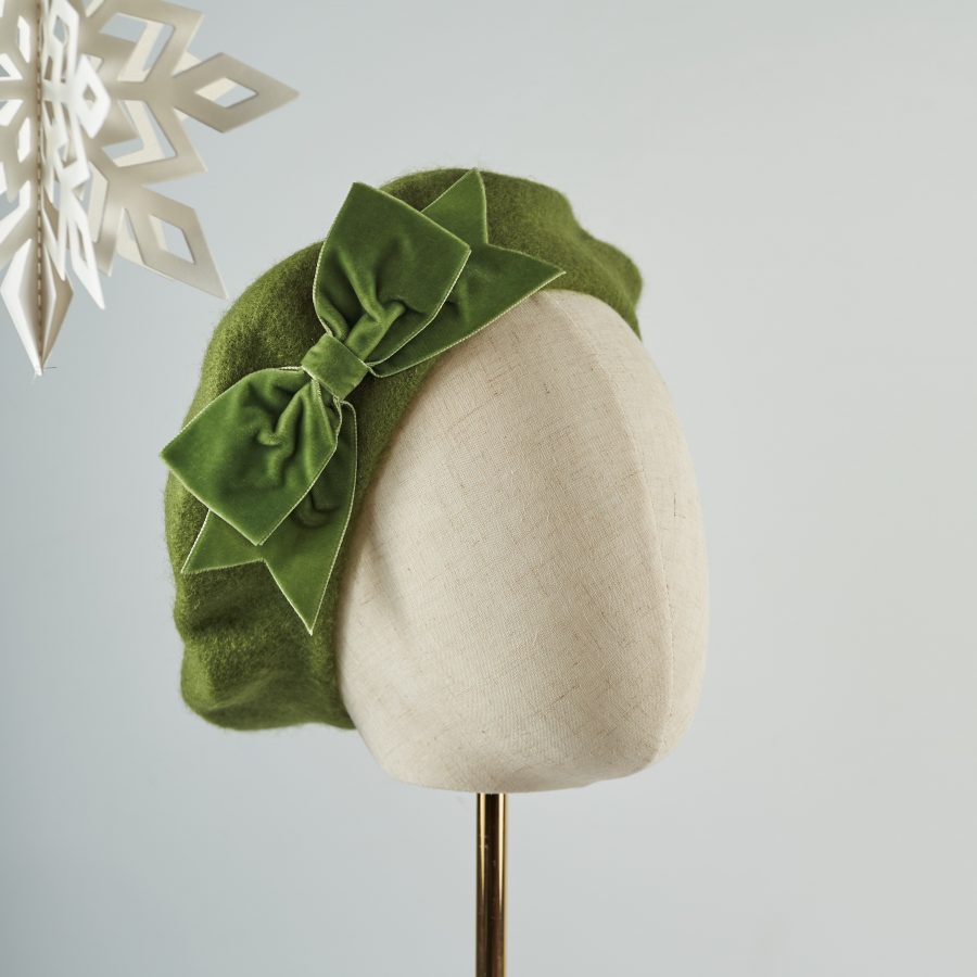 Moss Green Beret with Green Velvet Ribbon Bow