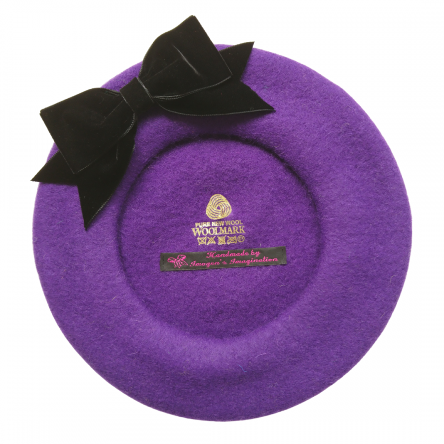 Purple Beret with Black Velvet Ribbon Bow