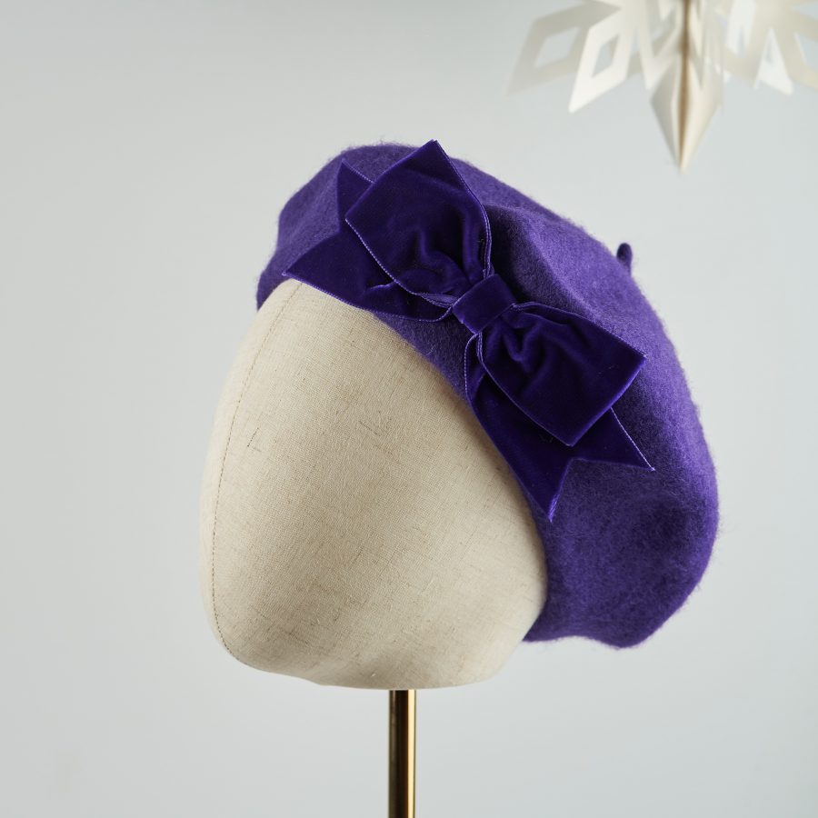 Purple Beret with Purple Velvet Ribbon Bow