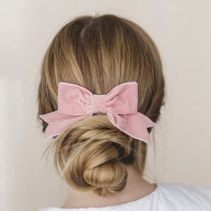 Coral Pink Velvet Ribbon Hair Bow worn with a bun