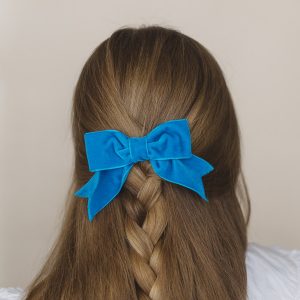 Turquoise Velvet Ribbon Hair Bow worn with a