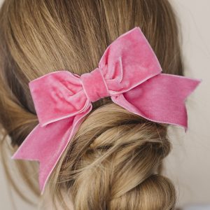 Pink Velvet Hair Bow worn with a bun