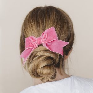Bubblegum Pink Velvet Ribbon Hair Bow worn with a bun
