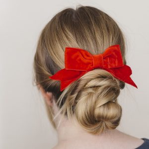 Red Velvet Hair Bow worn with a bun