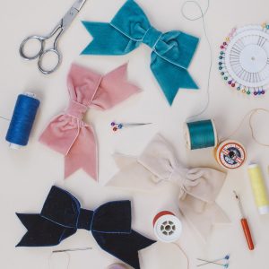 Teal Coral Pink Cream and Navy Blue Velvet Hair Bows