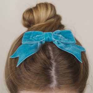Teal Velvet Hair Bow worn with a bun