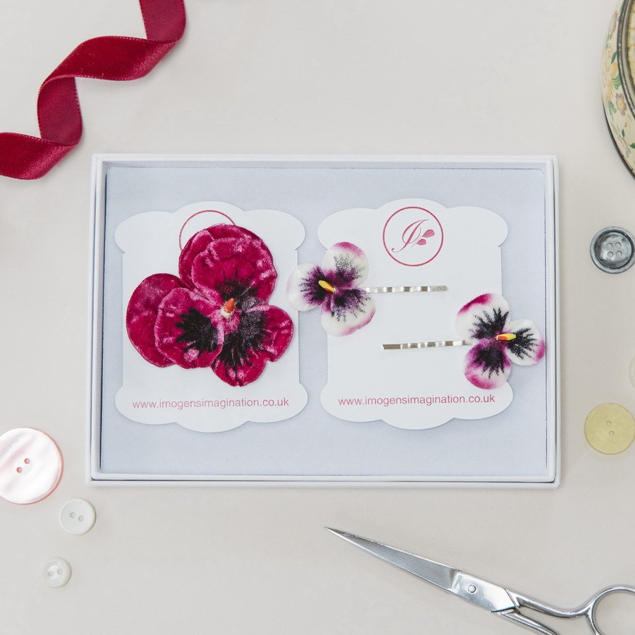 Fuchsia Pansy Hair Clip Gift Set in white gift box