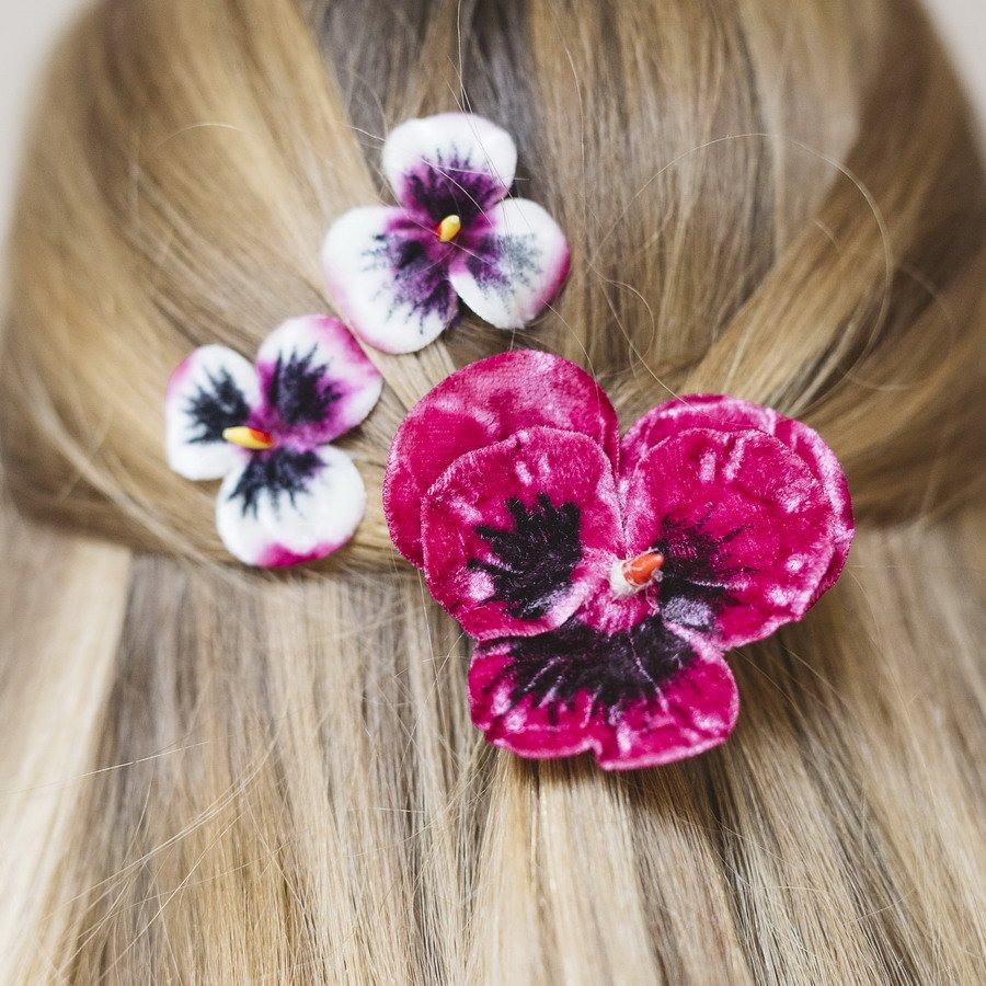 Set of three vintage style pansy hair flowers in Fuchsia