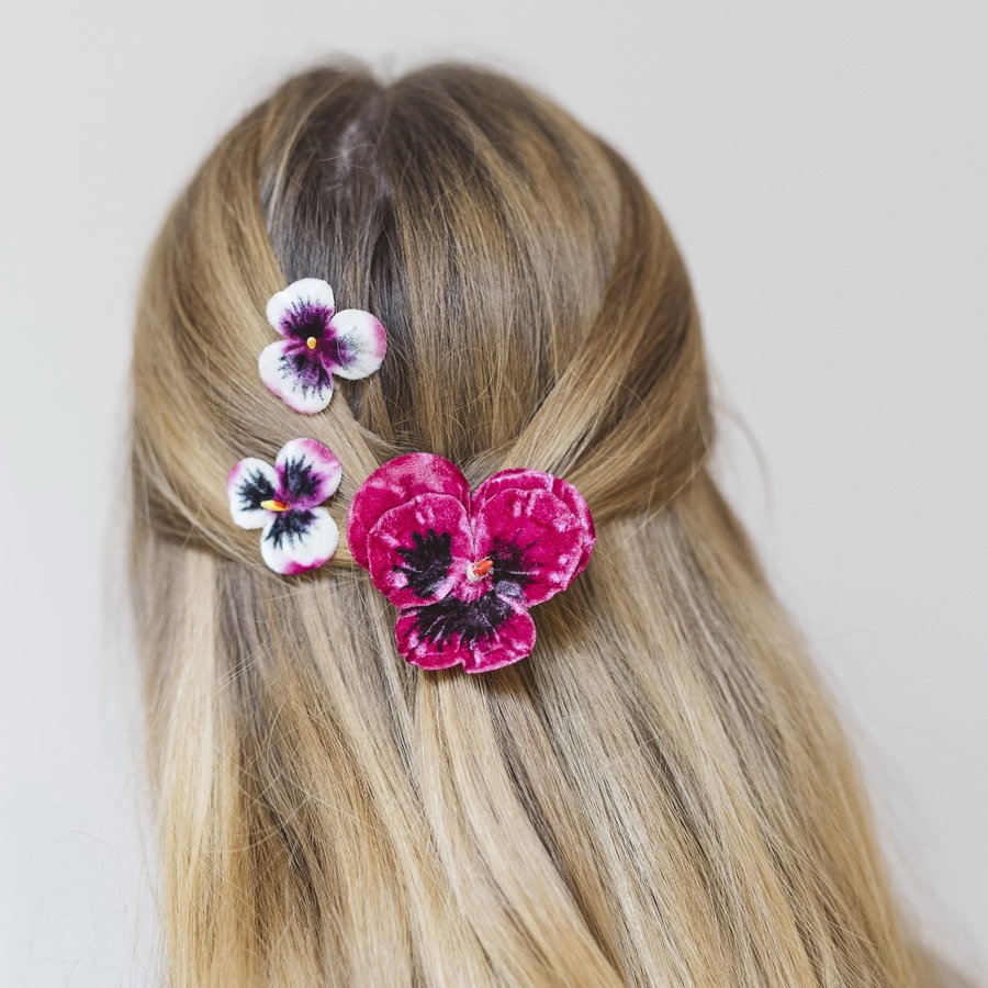 Fuchsia Pansy Hair Clip Gift Set worn with a half up-do hair style
