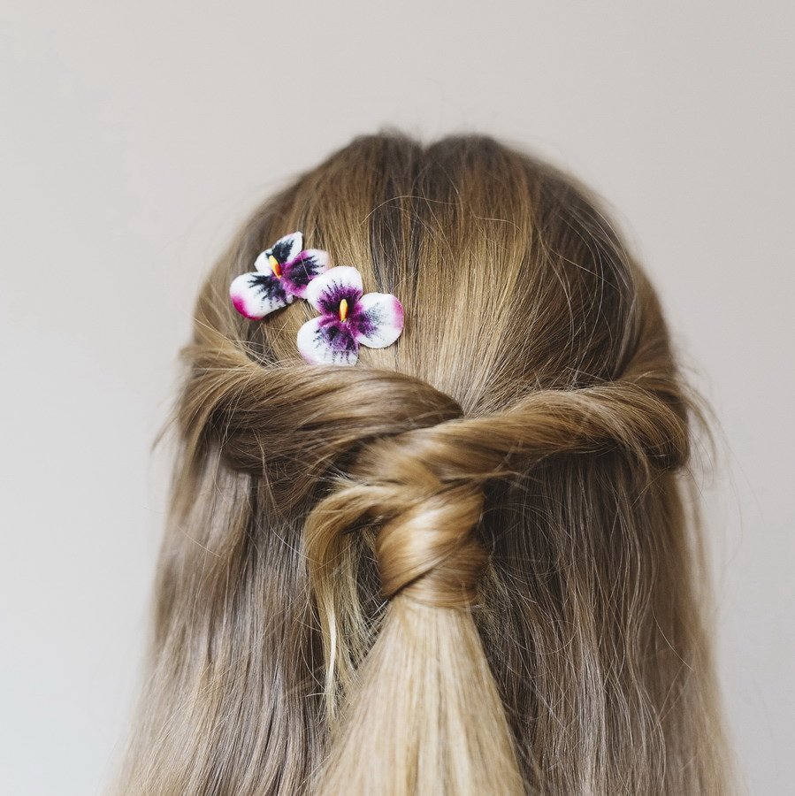 Pink White Pansy Flower Hair Clips worn with a twist ponytail