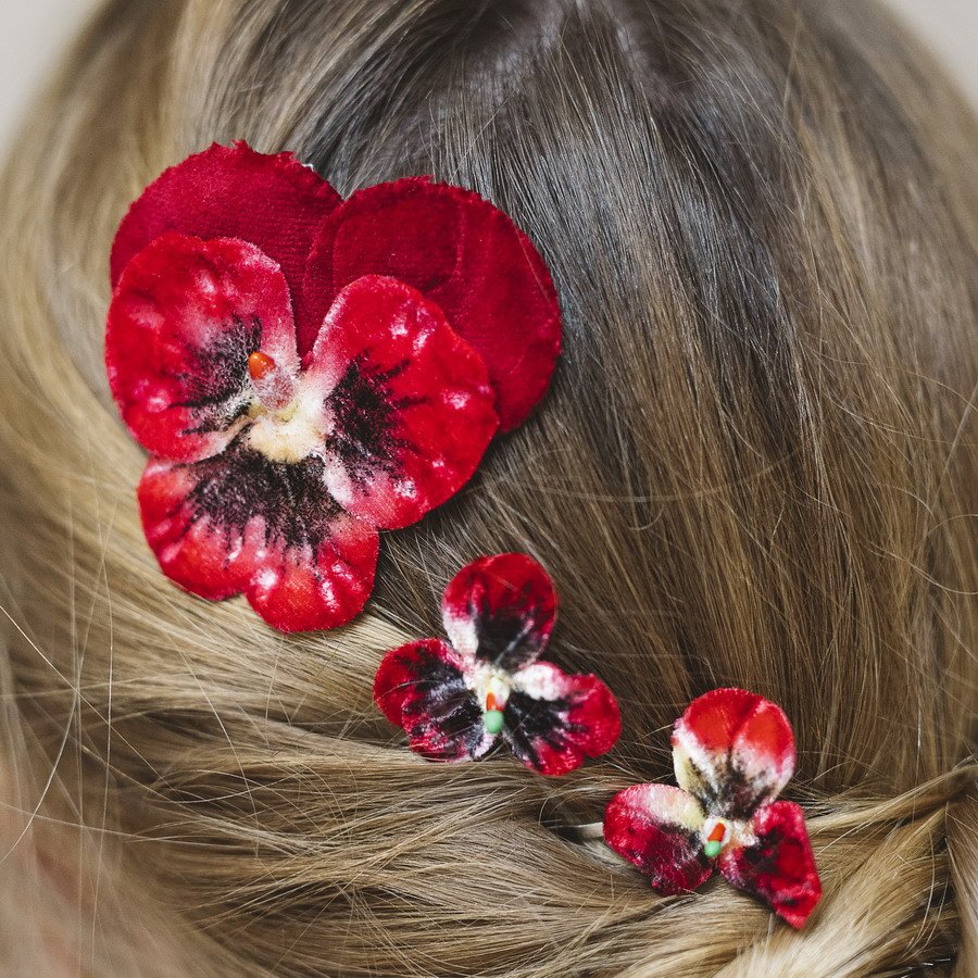 Set of three vintage style pansy hair flowers in Red