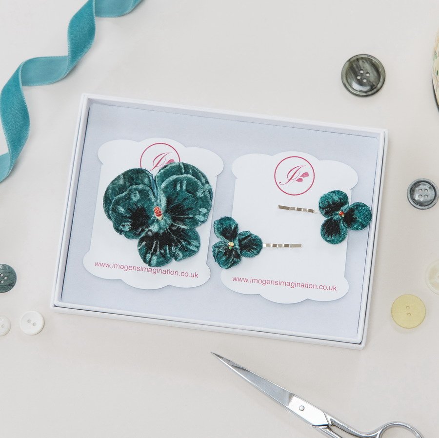 Teal Pansy Hair Clip Gift Set in white gift box