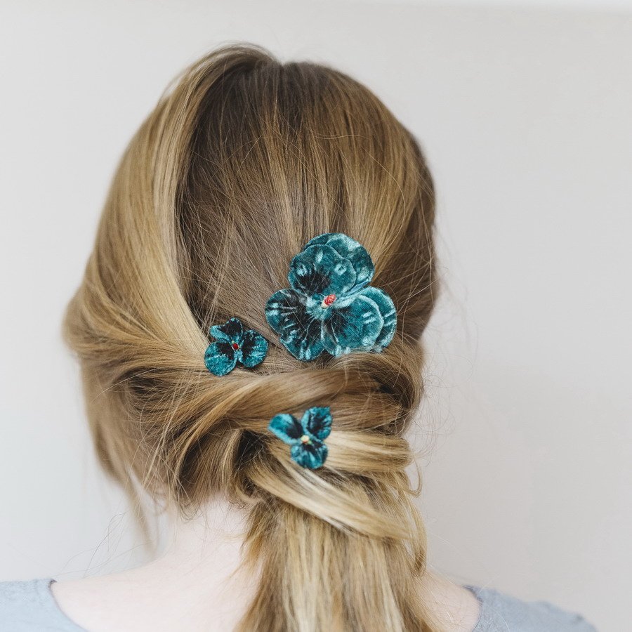 Teal Pansy Hair Clip Gift Set worn with a ponytail