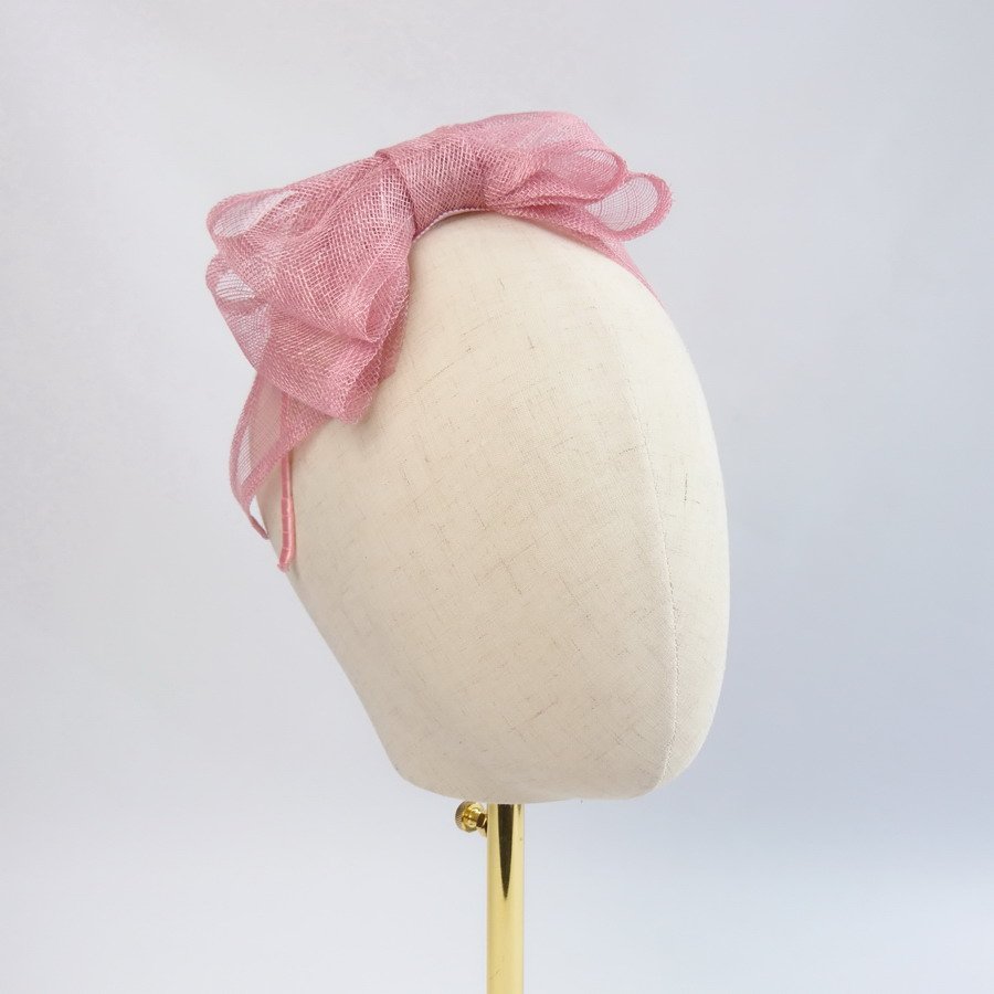 Dusky Pink Bow Fascinators - Right, angled shot, showing shaping of the large sinamay bow