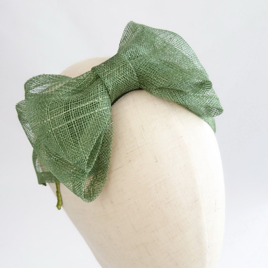 Green Women's Bow Headbands - close up of sinamay bow