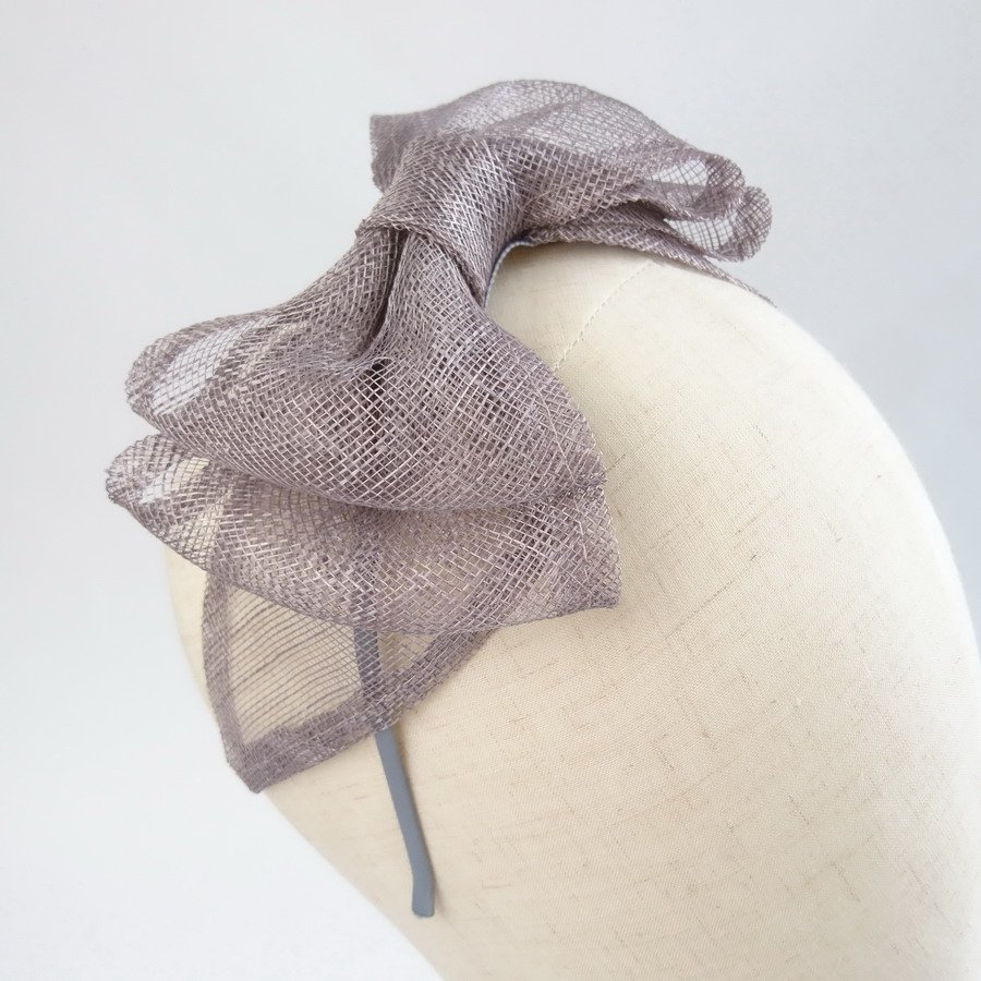 Pewter Grey Bow Fascinators - close up, angled shot of large sinamay bow