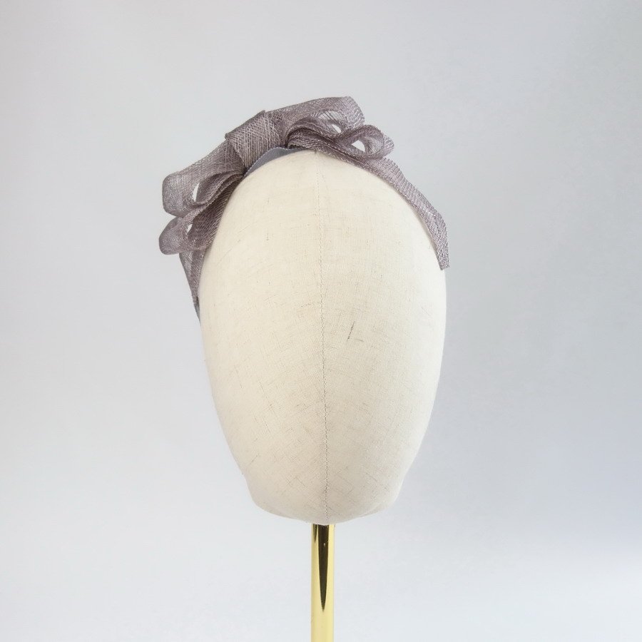 Pewter Grey Vegan Friendly Fascinators - front view of large sinamay bow fascinator