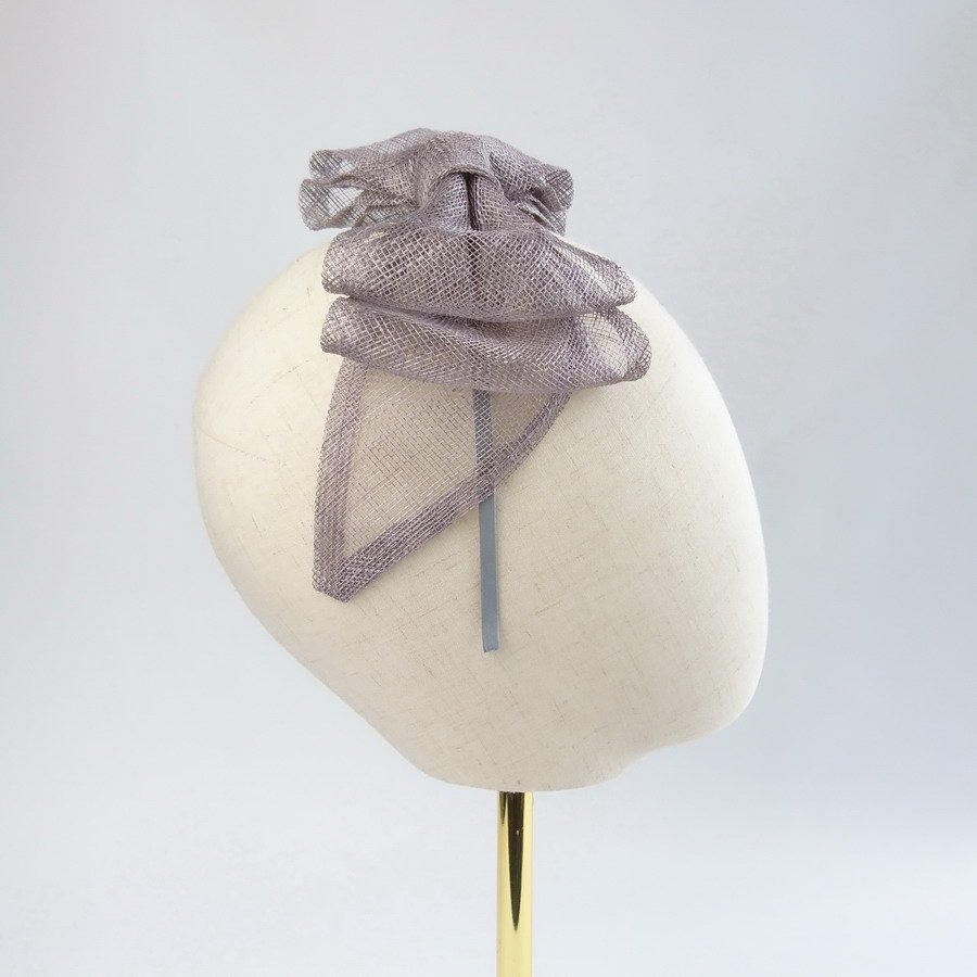 Pewter Grey Spring Hair Accessories - side view of large sinamay bow fascinator