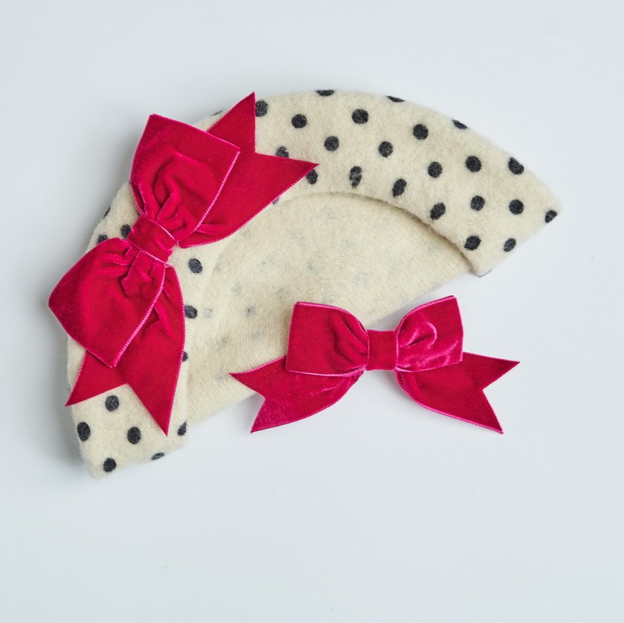 Spotty Beret with a matching Peony Pink Velvet Ribbon Bow Hair Clip