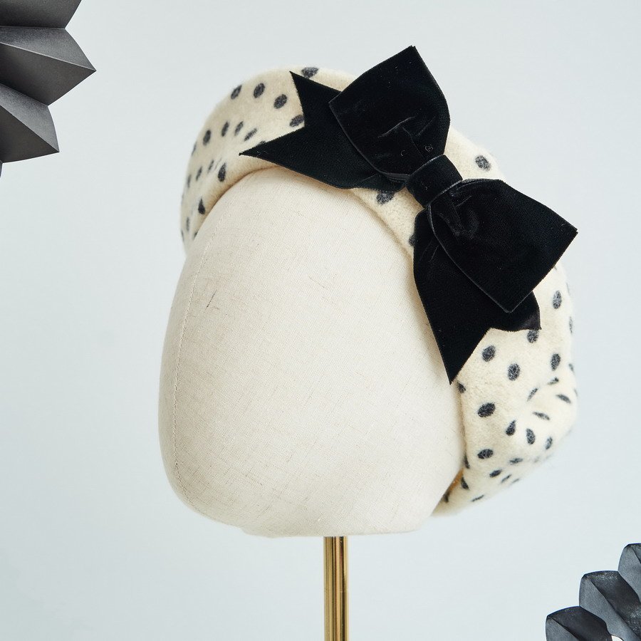 Ivory Polka Dot Beret with Black Velvet Ribbon Bow