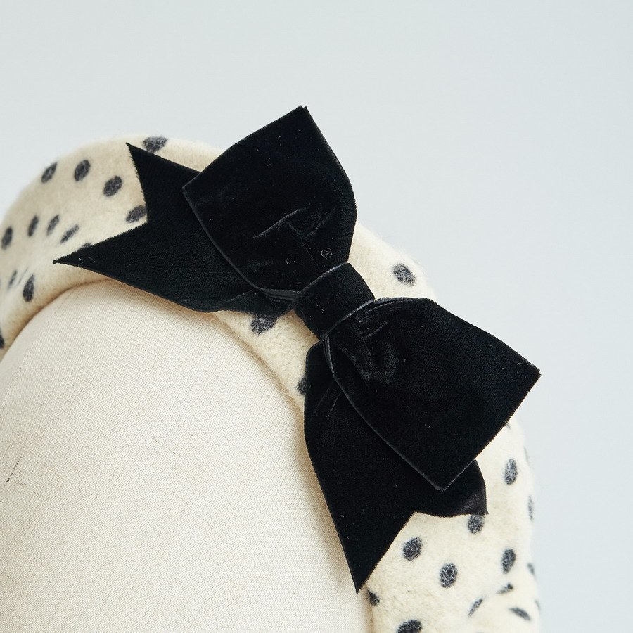 Ivory Polka Dot Beret with Black Velvet Ribbon Bow
