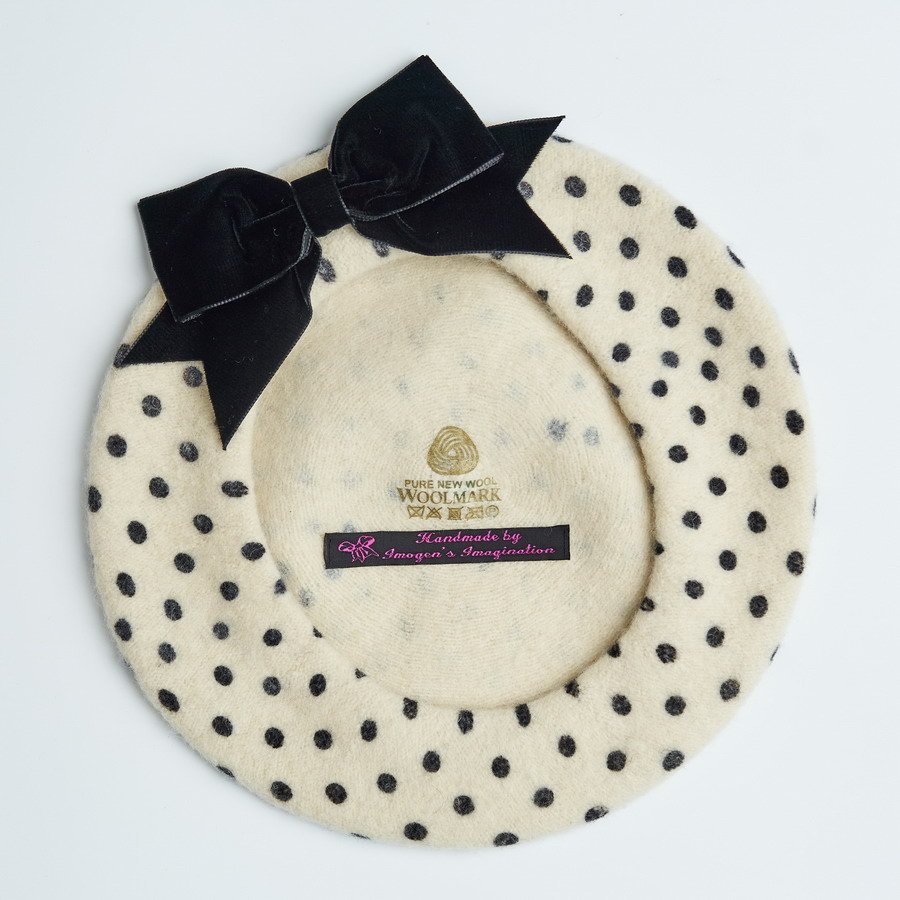 Ivory Beret with Black Spots and a Black Velvet Ribbon Bow