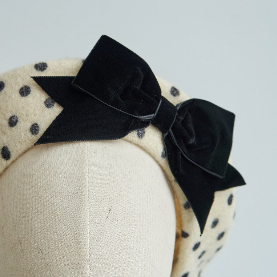 Ivory Polka Dot Beret with Black Velvet Ribbon Bow