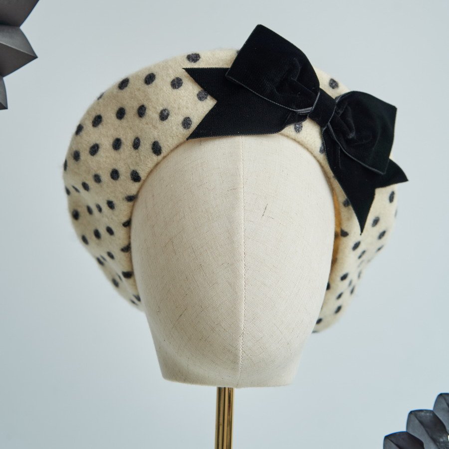 Ivory Polka Dot Beret with Black Velvet Ribbon Bow
