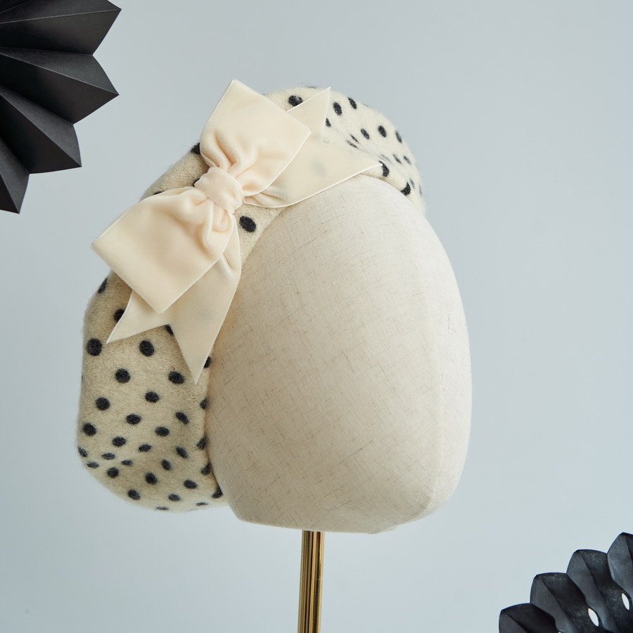 Ivory Polka Dot Beret with Ivory Velvet Ribbon Bow