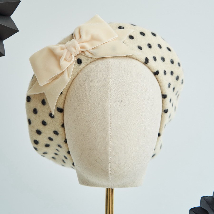 Ivory Polka Dot Beret with Ivory Velvet Ribbon Bow