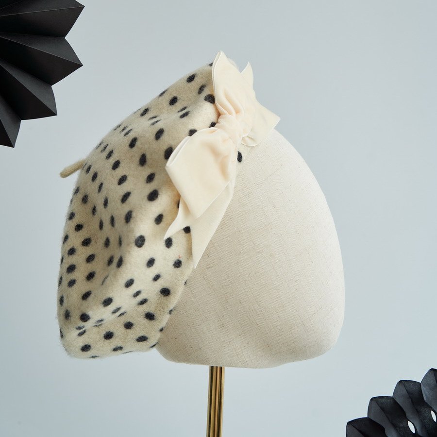 Ivory Polka Dot Beret with Ivory Velvet Ribbon Bow