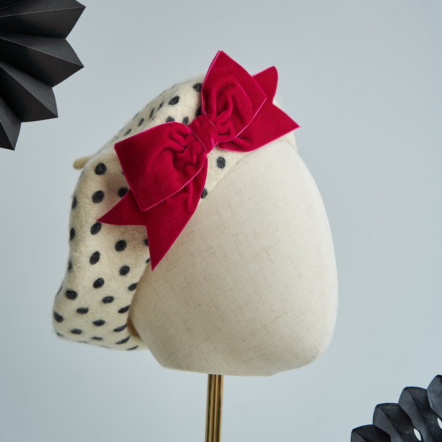 Ivory Polka Dot Beret with Dark Pink Velvet Ribbon Bow