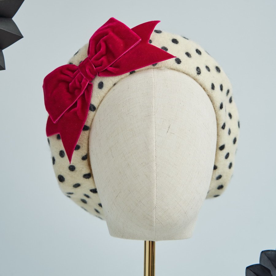 Ivory Polka Dot Beret with Dark Pink Velvet Ribbon Bow