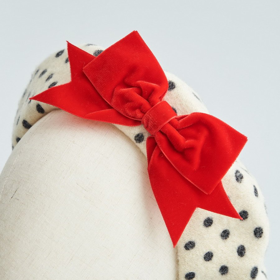 Ivory Polka Dot Beret with Red Velvet Ribbon Bow