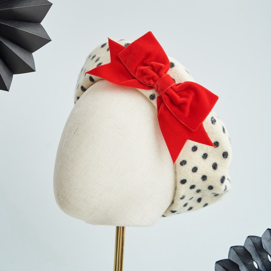 Ivory Polka Dot Beret with Red Velvet Ribbon Bow