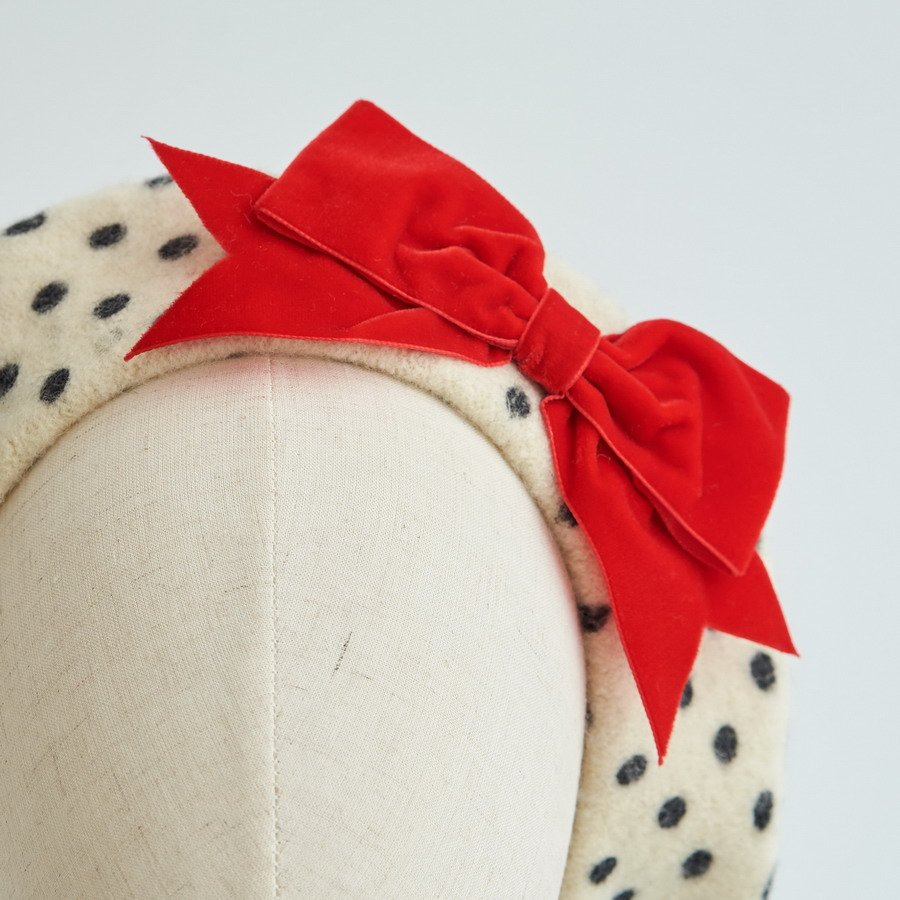 Ivory Beret with Black Spots and a Bright Red Velvet Ribbon Bow