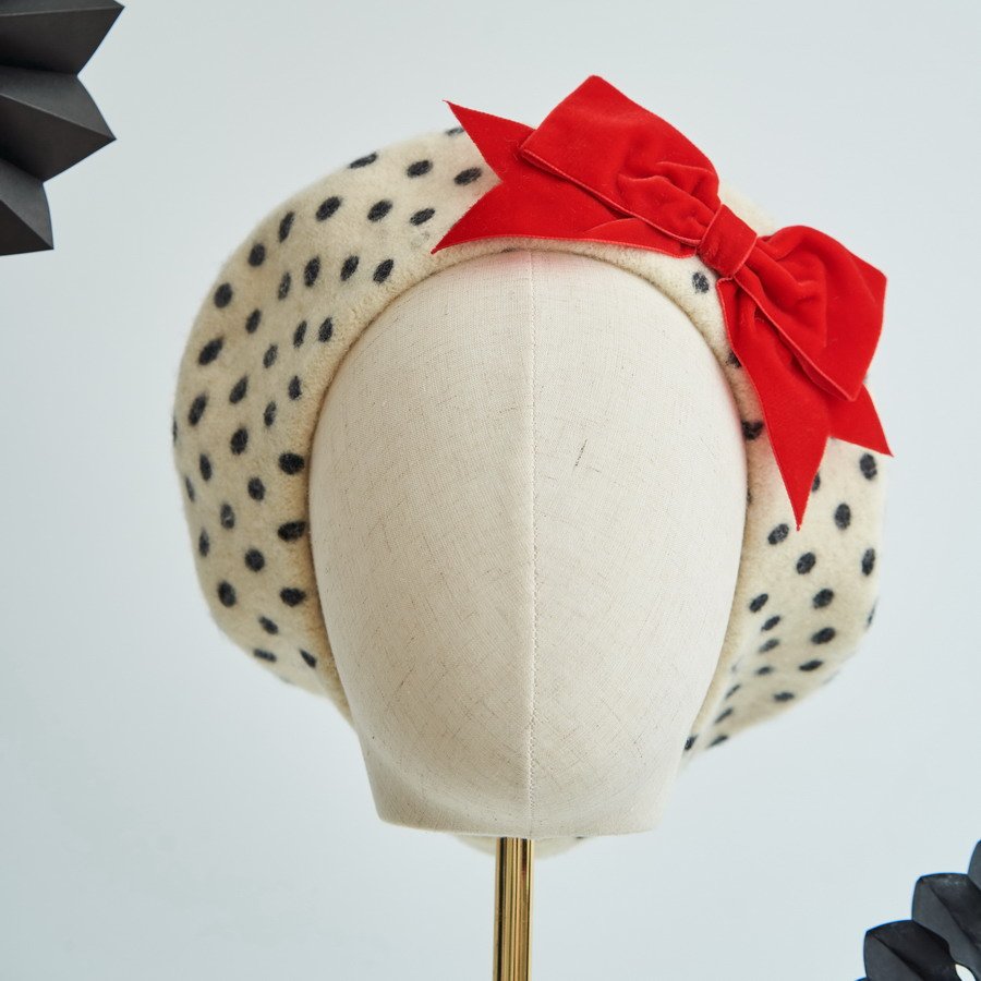 Ivory Polka Dot Beret with Red Velvet Ribbon Bow