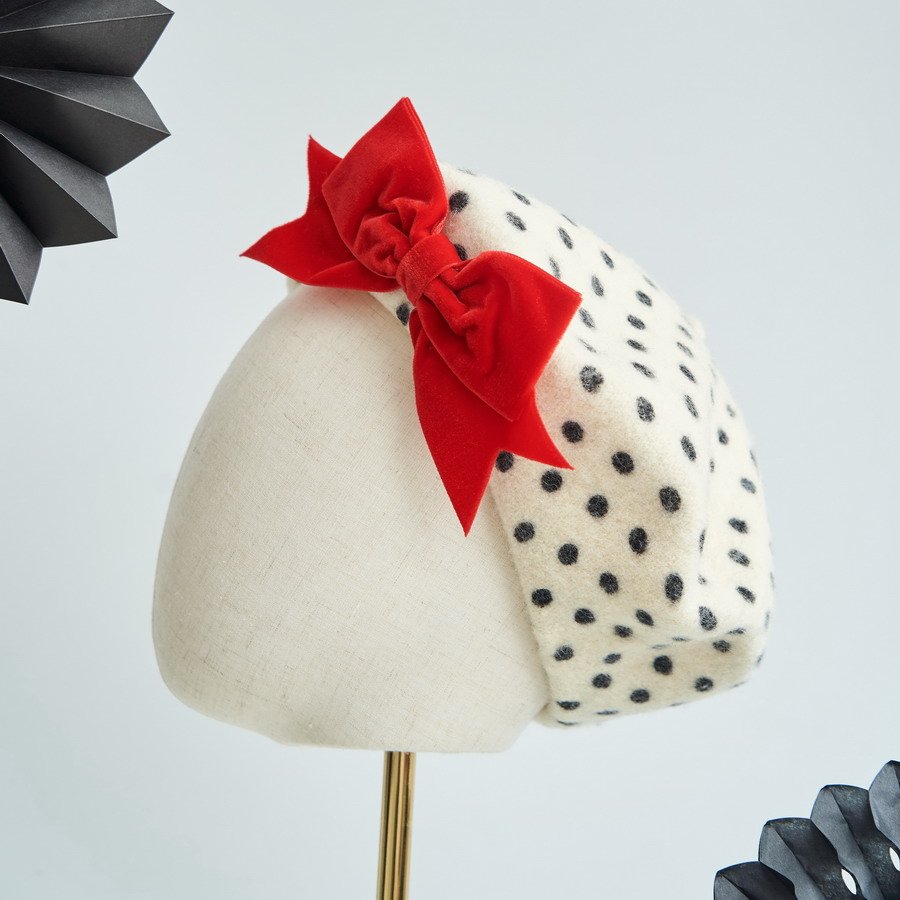 Ivory Polka Dot Beret with Red Velvet Ribbon Bow