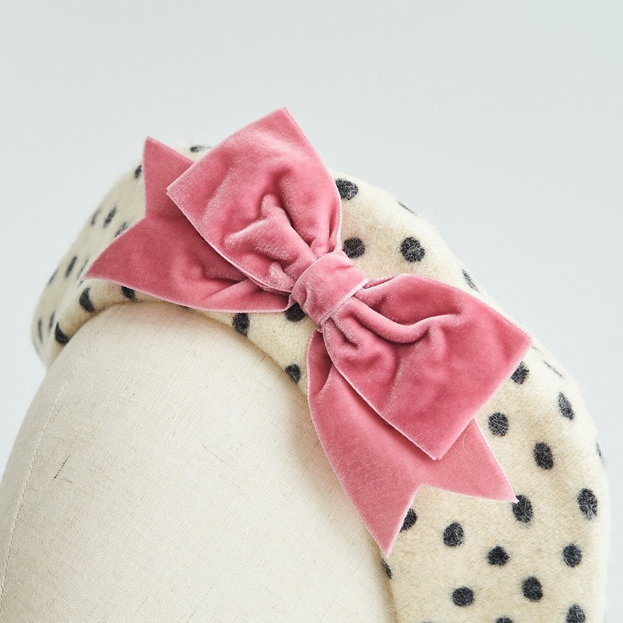 Ivory Polka Dot Beret with Rose Pink Velvet Ribbon Bow