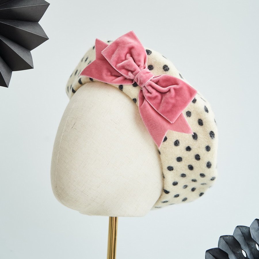 Ivory Polka Dot Beret with Rose Pink Velvet Ribbon Bow
