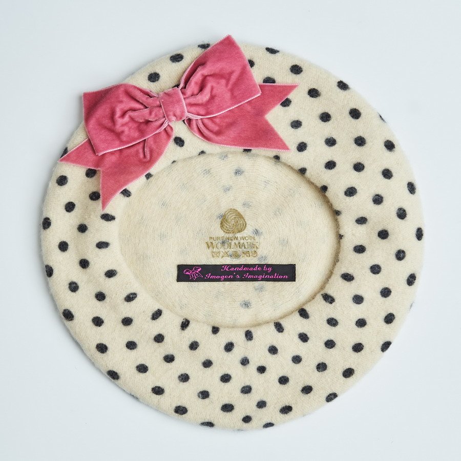 Ivory Beret with Black Spots and a Dusty Pink Velvet Ribbon Bow