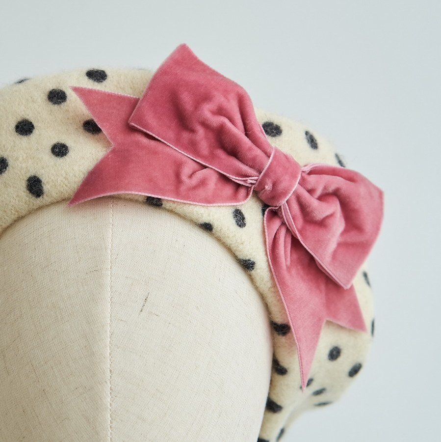 Ivory Polka Dot Beret with Rose Pink Velvet Ribbon Bow